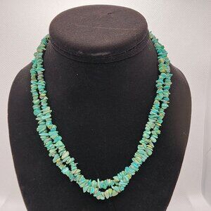 Vtg Natural Turquoise Chip Double Strand Beaded Necklace 925 Toggle Clasp 18 in